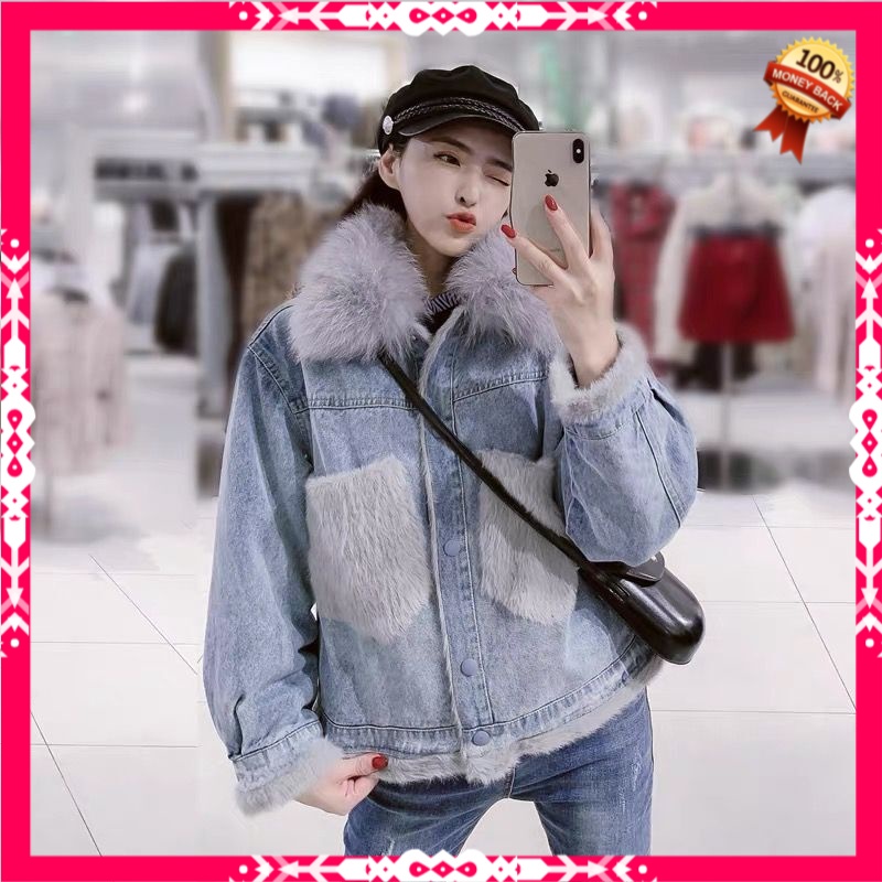 Jaket Denim Wanita Korea Winter Jacket Women Vintage Korean Loose Fur Collar Denim Oversize Short Fe