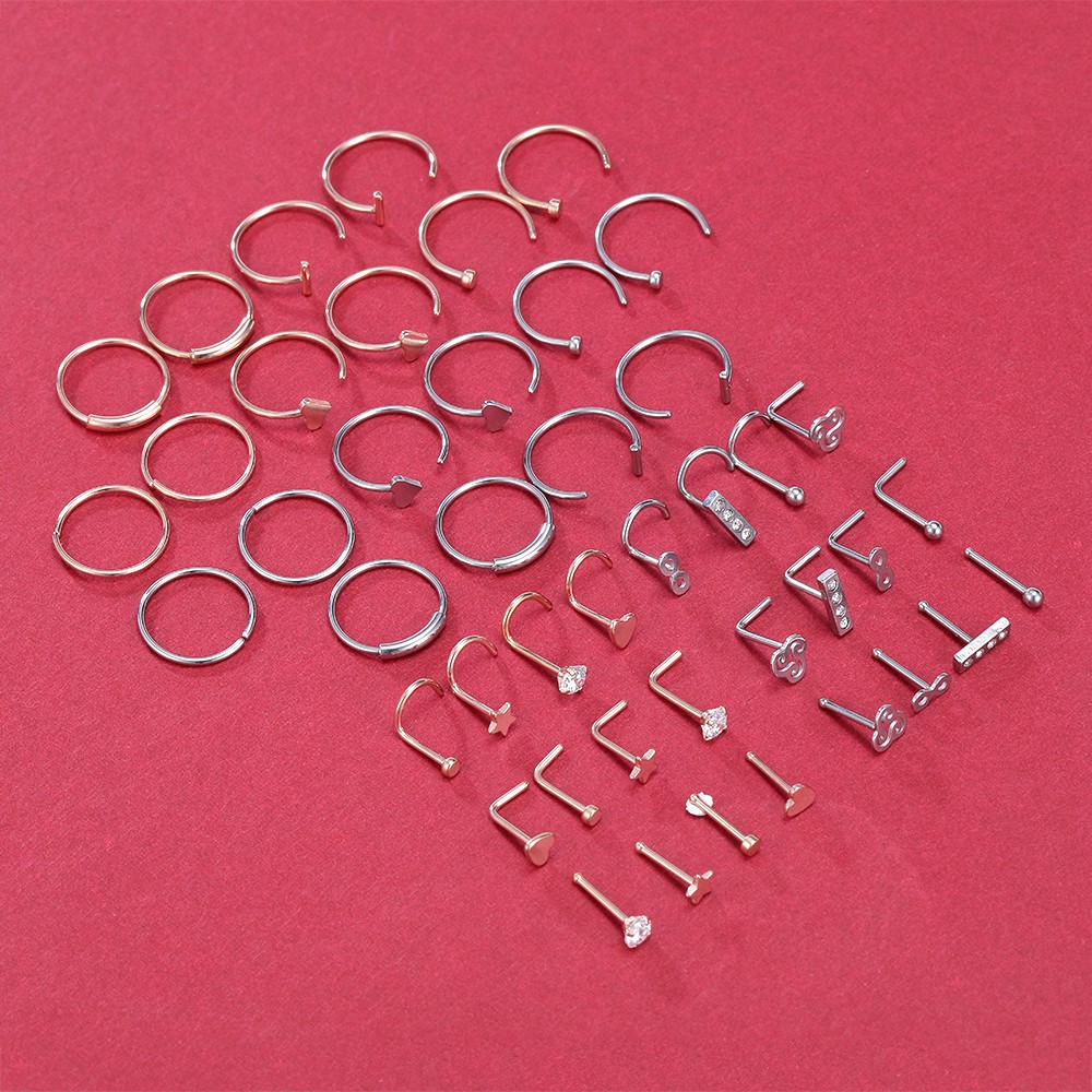 44pcs / Lot Anting Tindik Hidung Bahan Stainless Steel Desain Hati / Bulan / Bintang / Zircon 20g