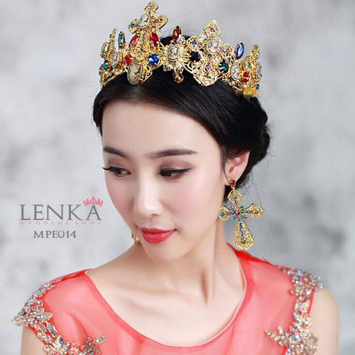 [BISA COD] MAHKOTA PERNIKAHAN HEADPIECE PENGANTIN MERAH EMAS MODERN MPE014