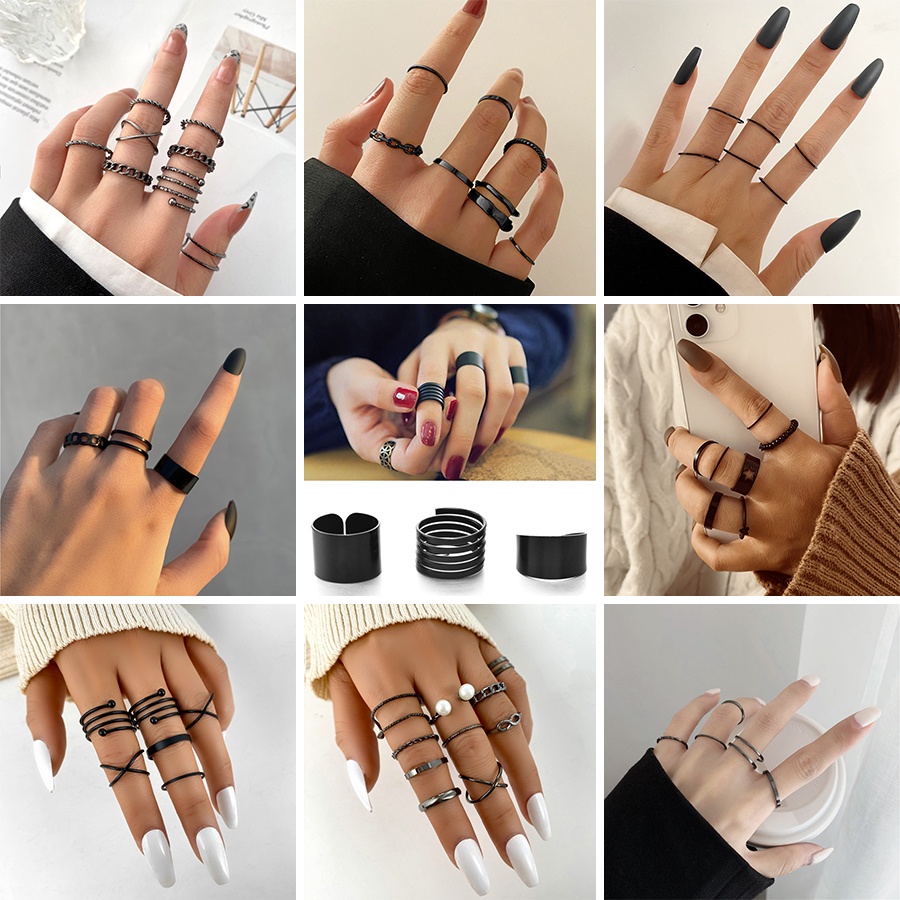 3-13pcs / Set Cincin Tumpuk Kombinasi Warna Hitam Gaya Simple Untuk Pria