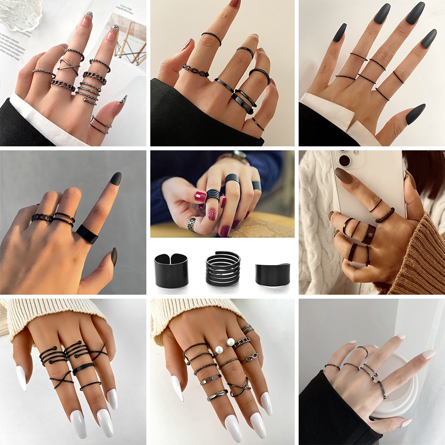 3-13pcs / Set Cincin Tumpuk Kombinasi Warna Hitam Gaya Simple Untuk Pria