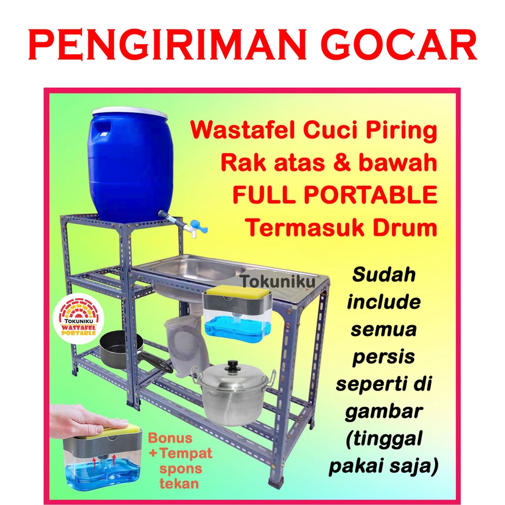 GOSEND - Wastafel Cuci Piring Drum FULL PORTABLE Bak Cuci Tangan Panjang + Rak TOKUNIKU