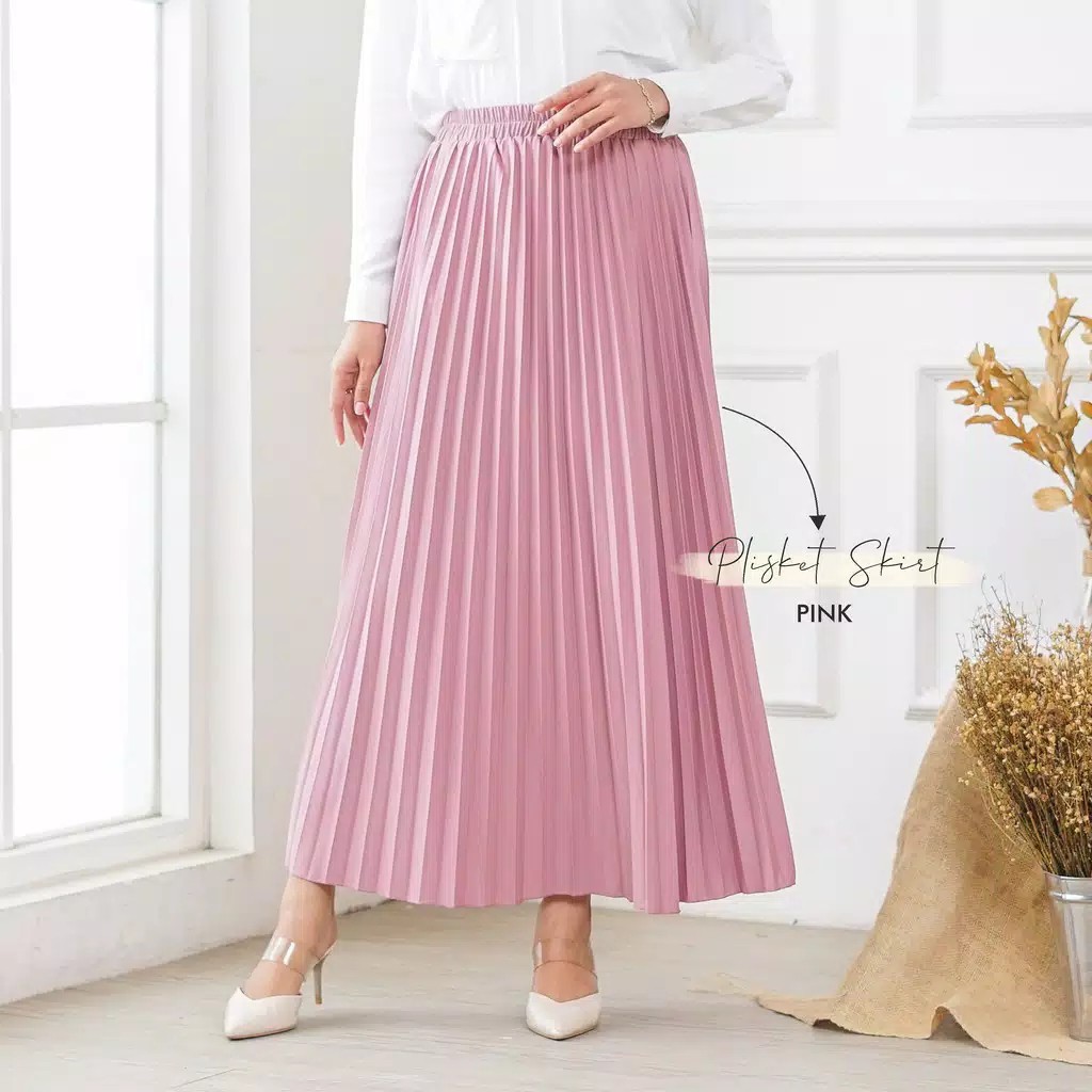 ROK PLISKET MURAH PRISKET PLEATED SALE POLOS REMPEL MUSLIMAH SKIRT ABG FLARE SKIRT MAYUNG FLOWY-PINK