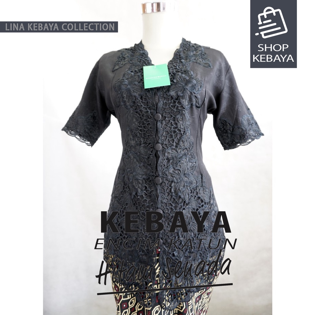 Kebaya Encim Kartini Katun Bordir Modern Hitam Senada Lengan Pendek
