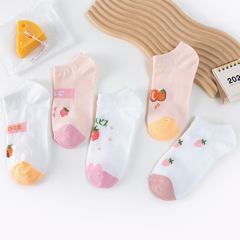 GO! KK808 Kaos Kaki Pendek Wanita Motif Buah Strawberry Orange Fashion Korean Unisex Semata Kaki Oren Peach Putih Socks