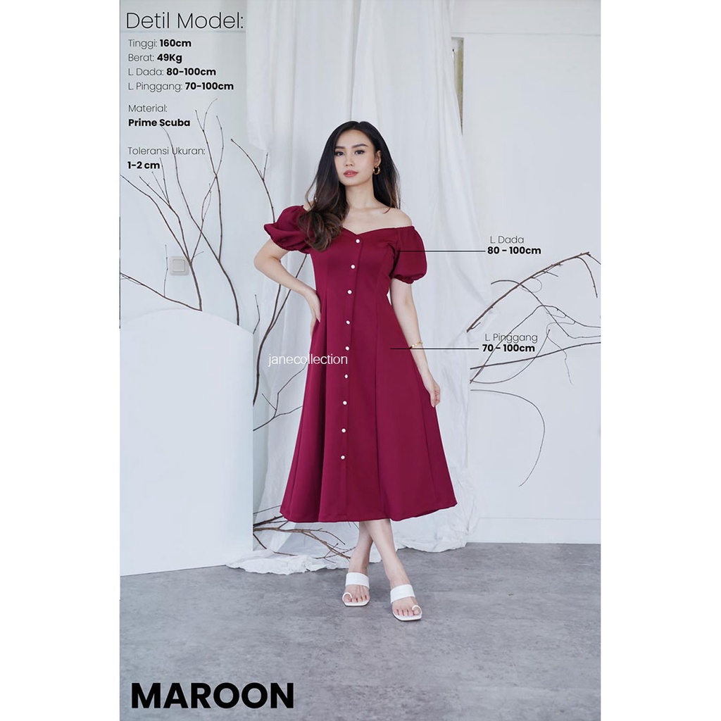 JANE COLLECTION || Maxi Dress Pesta Rok A Line Skirt Party Elegant Kancing Hidup Busui Friendly Baju Ibu Menyusui Lengan Balon / Lengan Pendek Karet Sabrina Baju Natal Christmas Imlek Chinese New Year Merah Maroon Hijau Emerald Hitam Putih Dress Brenda