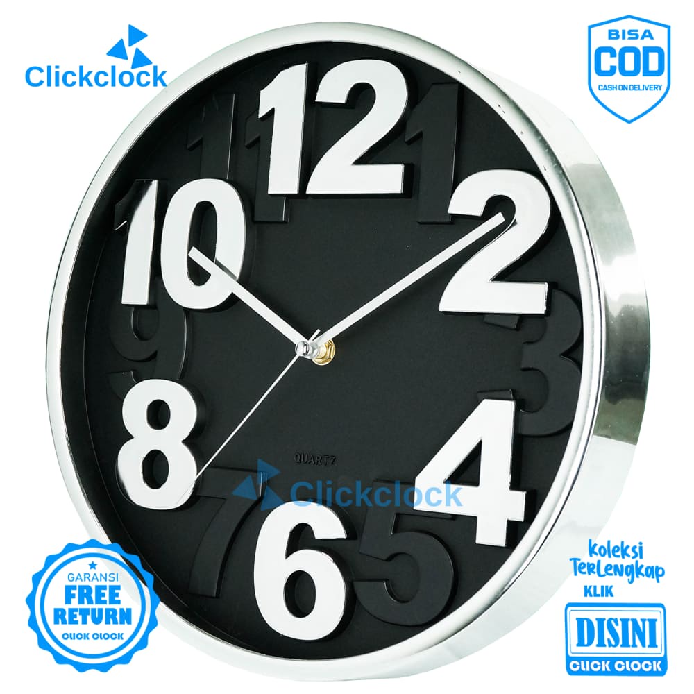 Jam Dinding Quartz Minimalis Hitam Silver Platinum PT-10795 Besar Hiasan Kamar Unik