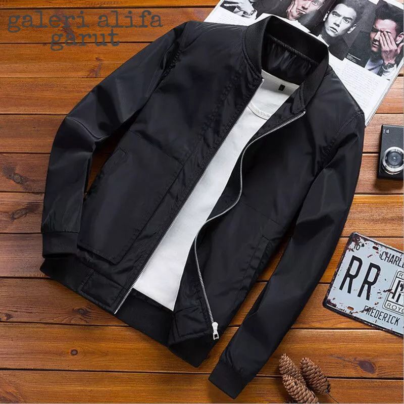 JAKET BOMBER PRIA HITAM POLOS,BAHAN TASLAN IMPORT