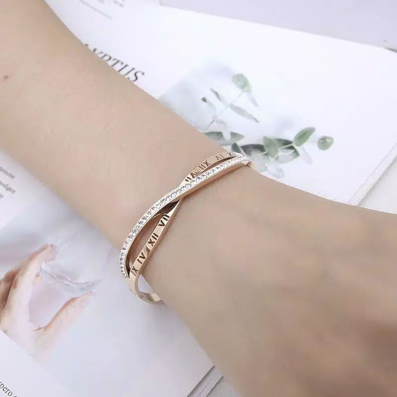 obral murah athar shop COD Gelang titanium wanita bangle angka romawi gold rose gold dengan permata