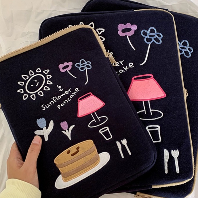 Sleeve Pouch Sarung Tas Bag Case Ipad Tab Tablet Macbook Air Pro Laptop Asus Acer Lenovo HP Huawei 11 12 13 14 15 inch Motif Gambar Sunflower Kartun Cartoon Warna Biru Navy Hijau Tosca Lucu Cute Murah Korean Model