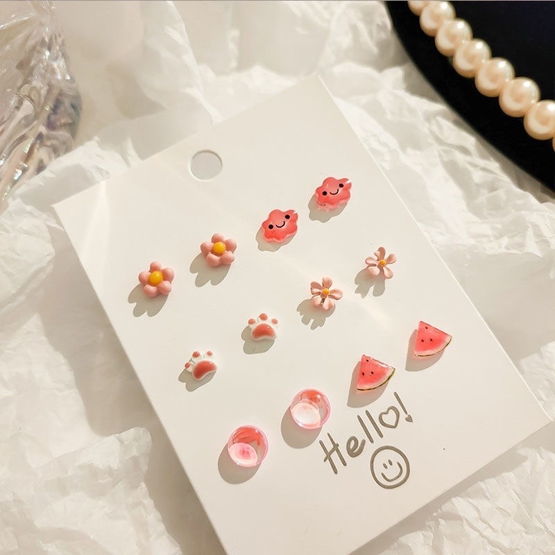 AY(CN) Ifyou 6 Pasang / set Anting Tusuk Bentuk Hati / Kupu-Kupu / Semangka / Cakar Kucing Untuk Wanita