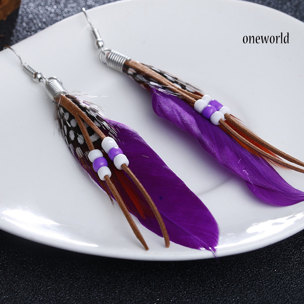 OW@ Bohemian Women Indian Feather Beads Tassel Dangle Hook Earrings Jewelry Gift