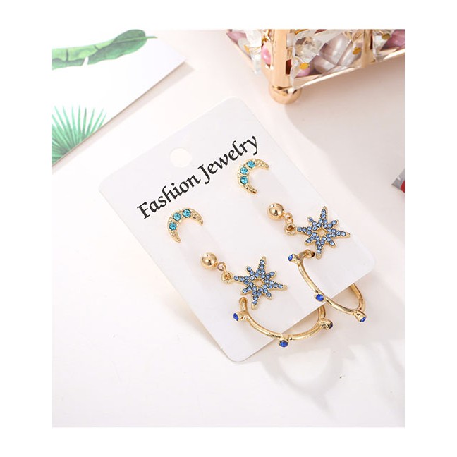 LRC Anting Tusuk Fashion Gold 3 Pairs Of Rhinestone-studded Geometric C-shaped Earrings D32562