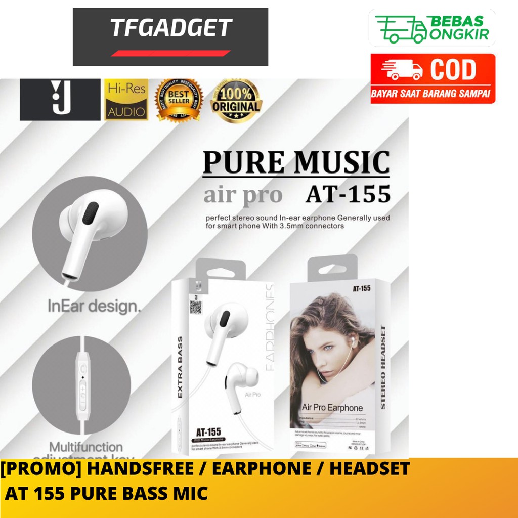 HANDSFREE / EARPHONE / HEADSET  AT 155 PURE BASS MIC  MURAH
