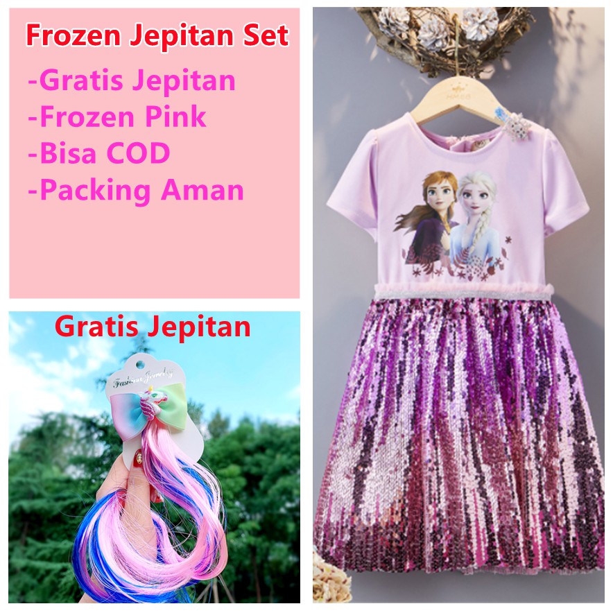 Baju Dress Anak Princess Motif Frozen Elsa Anna Sequin Sparkle Import