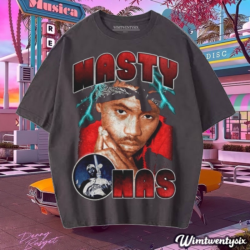 KAOS NASTY NAS VINTAGE RAP TEE ( OVERSIZE DARK GREY T-SHIRT)