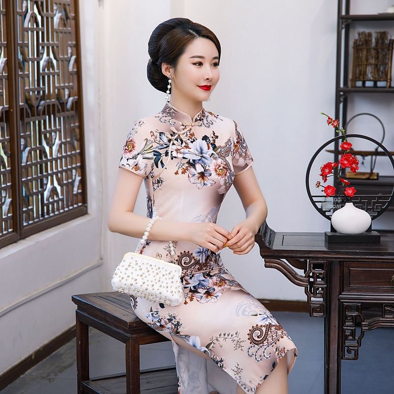 Cheongsam women's summer retro aging new dress improved slim and belly covering Chinese style middle