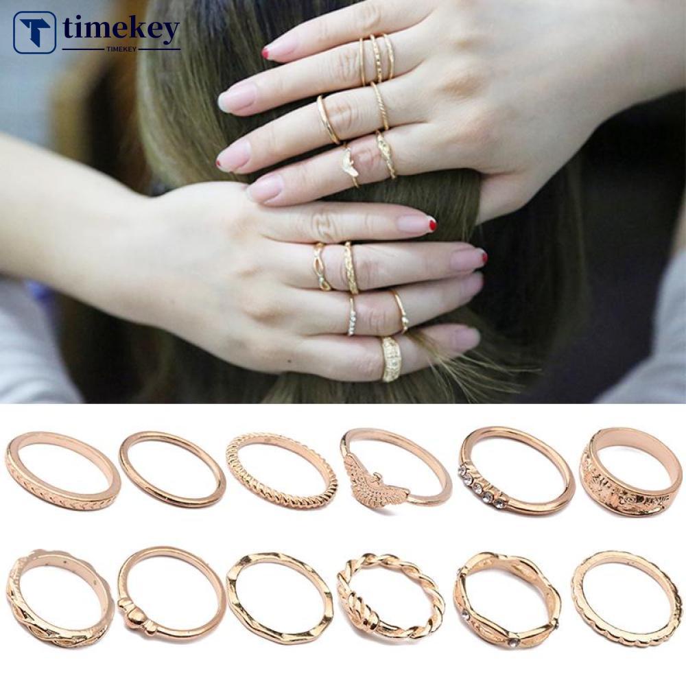 Timekey 12Pcs / Set Cincin Buku Jari Aneka Bentuk Warna Gold Gaya Boho Vintage Untuk Wanita A8K6