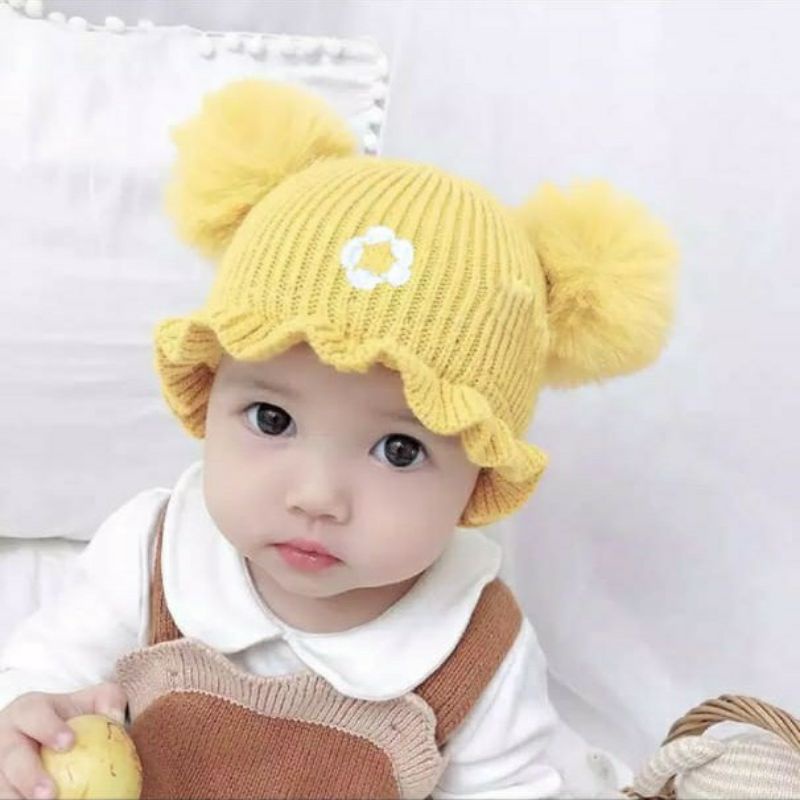 Topi Kupluk Bayi pompom perempuan motif model bunga