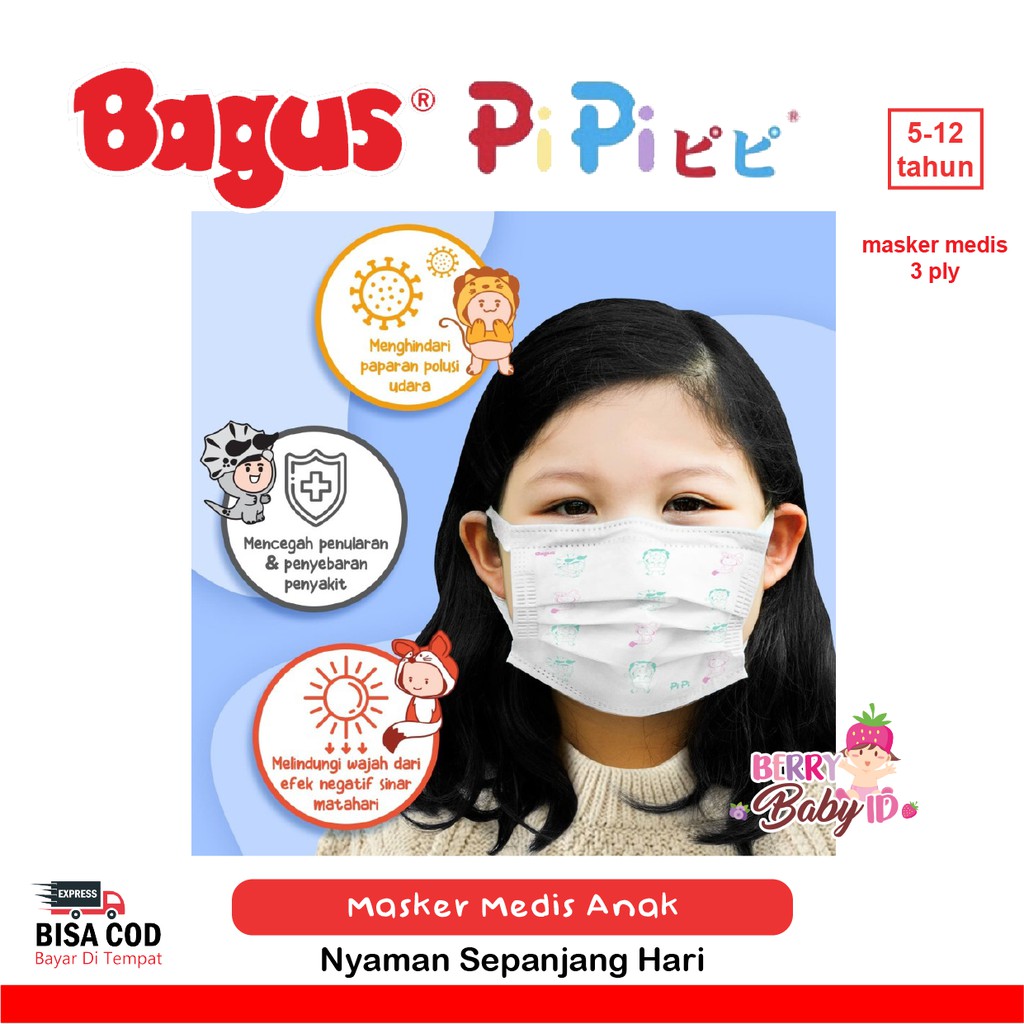 Bagus Pipi Kids Surgical Mask 3 Ply Earloop Masker Medis Anak 10 Sheet Berry Mart