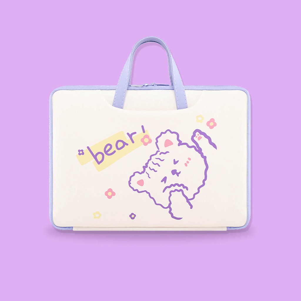 Sleeve Pouch Sarung Tas Bag Case Ipad Tab Tablet Macbook Air Pro Laptop Asus Acer Lenovo HP Huawei 11 12 13 14 15 inch Motif Gambar Kartun Cartoon Bear Beruang Warna Putih White Purple Ungu Cute Murah Korean Model Jinjing Tali Strap Waterproof Tahan Air