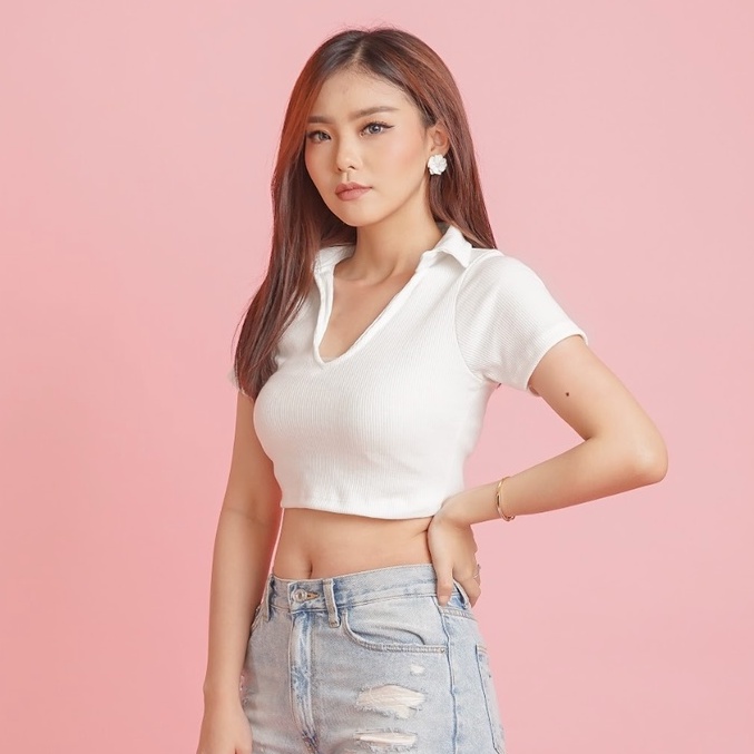 MODAVIE - SHARLENE Crop Top Korea Knit Sexy Korean Style Kaos Kerah Wanita Polo Shirt