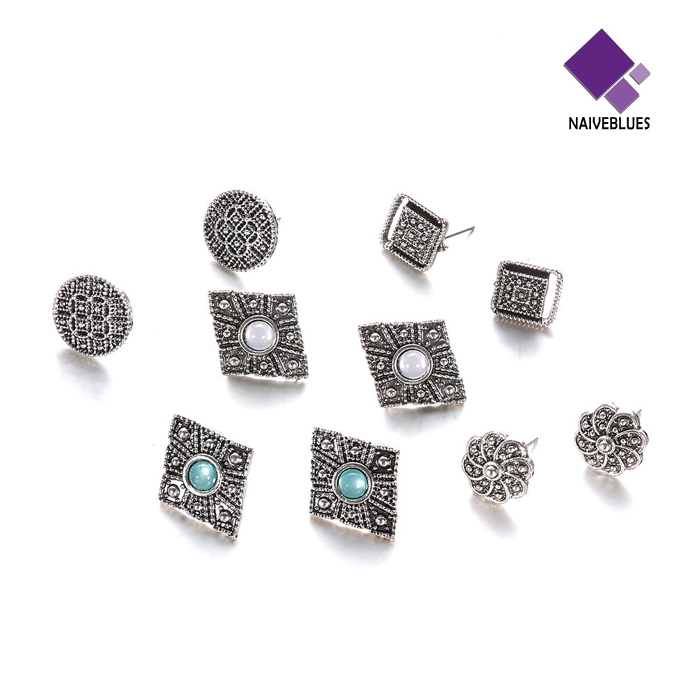 Naiveblue 5 Pasang Anting Tusuk Gantung Desain Geometri Hollow Hias Berlian Imitasi Gaya Bohemia Untuk Wanita
