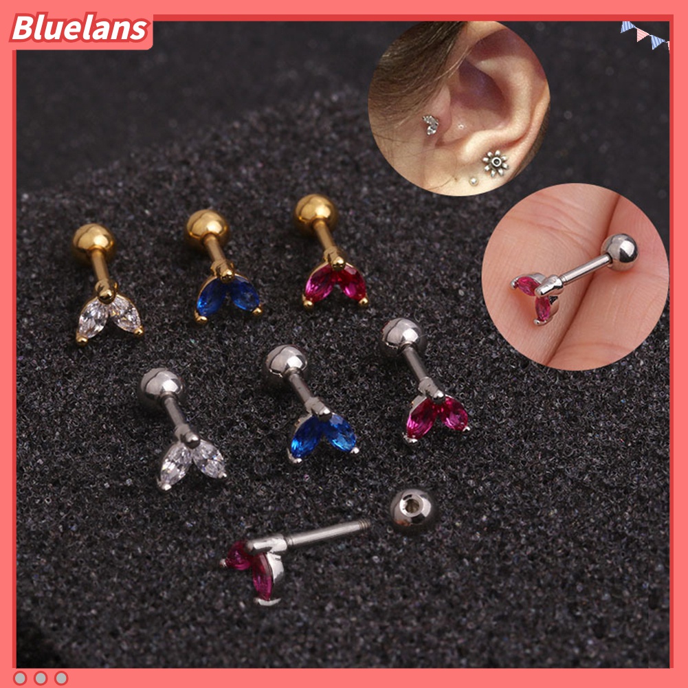 1pc Anting Stud Bentuk Daun Barbel Bahan Cubic Zirconia Untuk Wanita