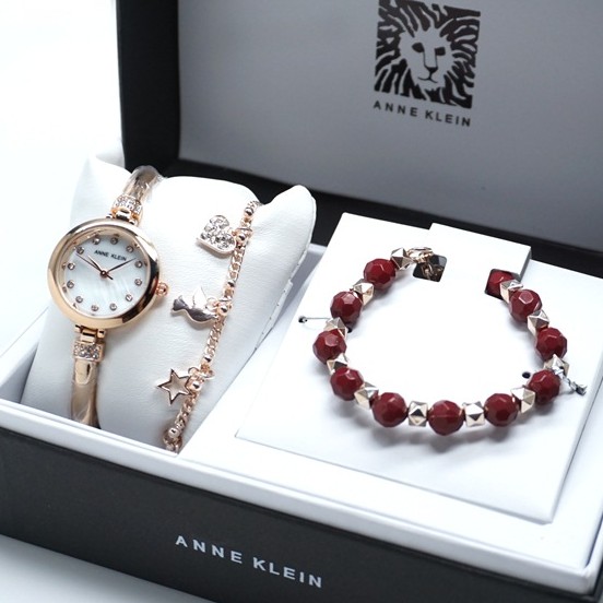 ANNE KLEIN Exclusive Set | Free 2pcs Gelang ( Batu + Rantai ) | Jam Wanita Paket Rantai Steinless