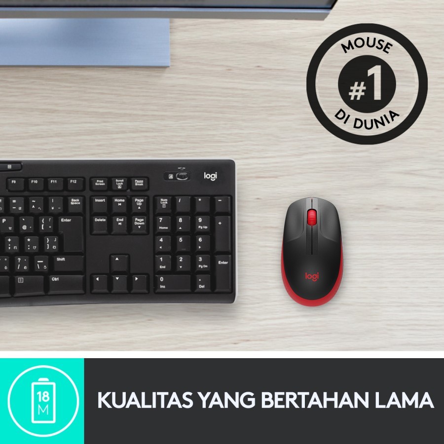 Logitech M190 RED Mouse Wireless Full Size untuk Windows, Mac, Chrome OS &amp; Linux MERAH