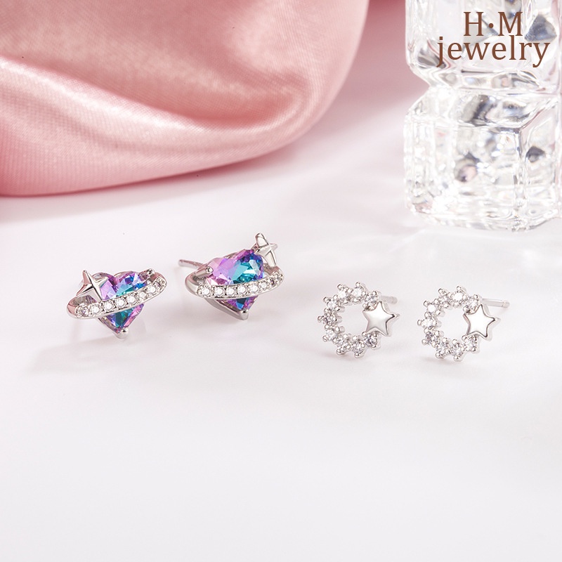 Anting Tusuk Asimetris Bentuk Hati Saturnus Hias Berlian Imitasi Untuk Wanita 2022