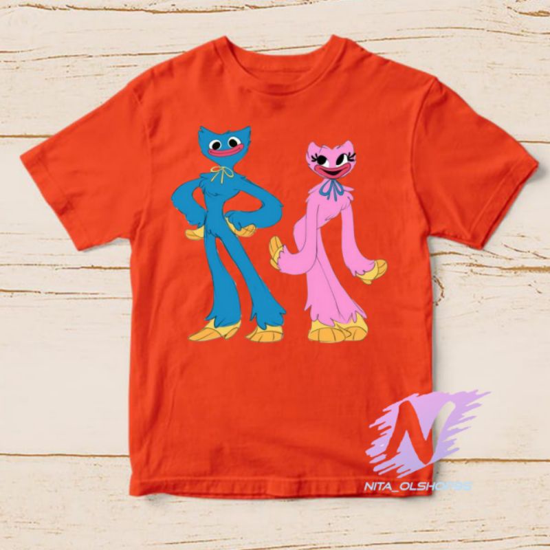 kaos anak huggy wuggy karakter biru dan pink