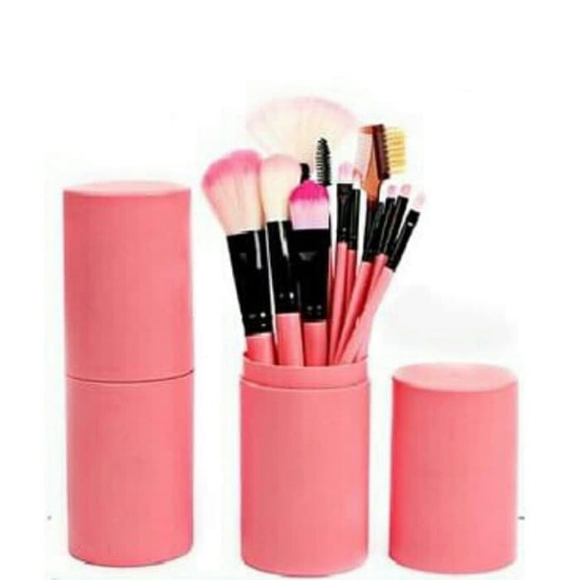 KUAS MAKEUP SET 12 PCS 12 PCS MAKE UP TABUNG KUAS FONDATION - PINK