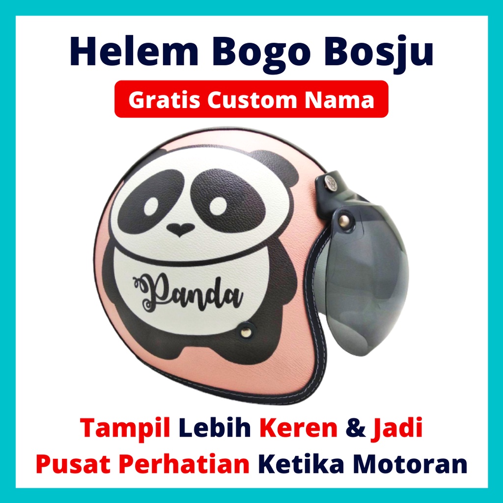HELM BOGO RETRO KULIT WANITA DEWASA KACA DATAR CLASSIC MOTIF PANDA PEACH LUCU SNI - HELEM BOGO BOSJU