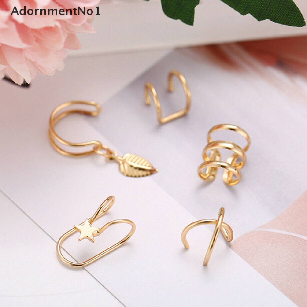 (AdornmentNo1) 5pcs / set Anting Klip Tanpa Tindik Aksen Rantai Untuk Perhiasan Wanita