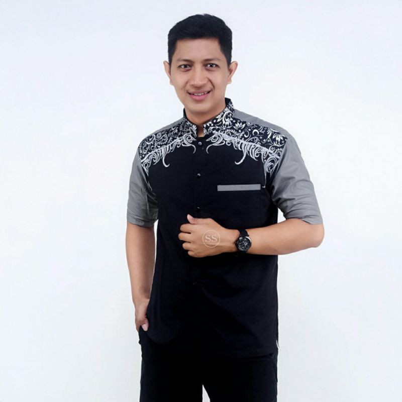 Baju Koko Batik Pria Dewasa Lengan Pendek Kombinasi Bordir Fashion Muslim Lebaran Terbaru