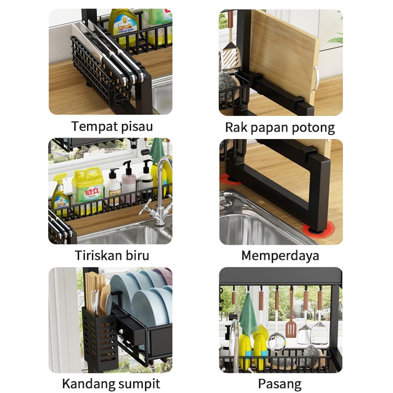 Rak Piring Hitam Multifungsi Rak Dapur Rak Rak Stainless Steel Dengan Set lengkap Aksesoris