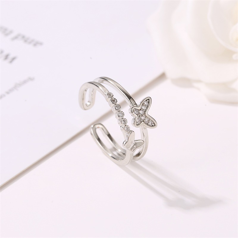 Korean Fashion Butterfly Rings Adjustable Double Butterfly Diamond Opening Ring Rose Gold Silver Jewellery