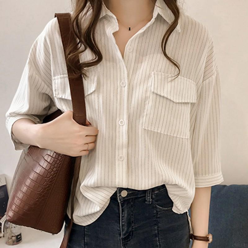 Blus Casual Longgar Kerah Tegak  Lengan 1 2 Motif Garis 