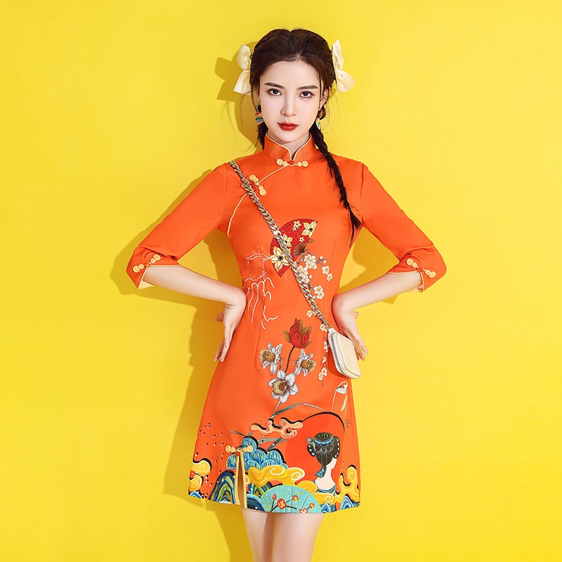 Guochao cheongsam 2023new young spring and autumn orange improved short spring Chinese women's dres