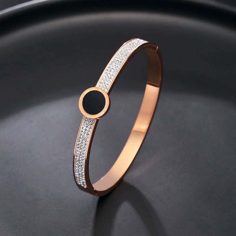 Titanium Gelang Tangan Wanita Premium Bracelet Anti Karat Berlian Emas 18K Bulat Angka Romawi Ala Bangle-3