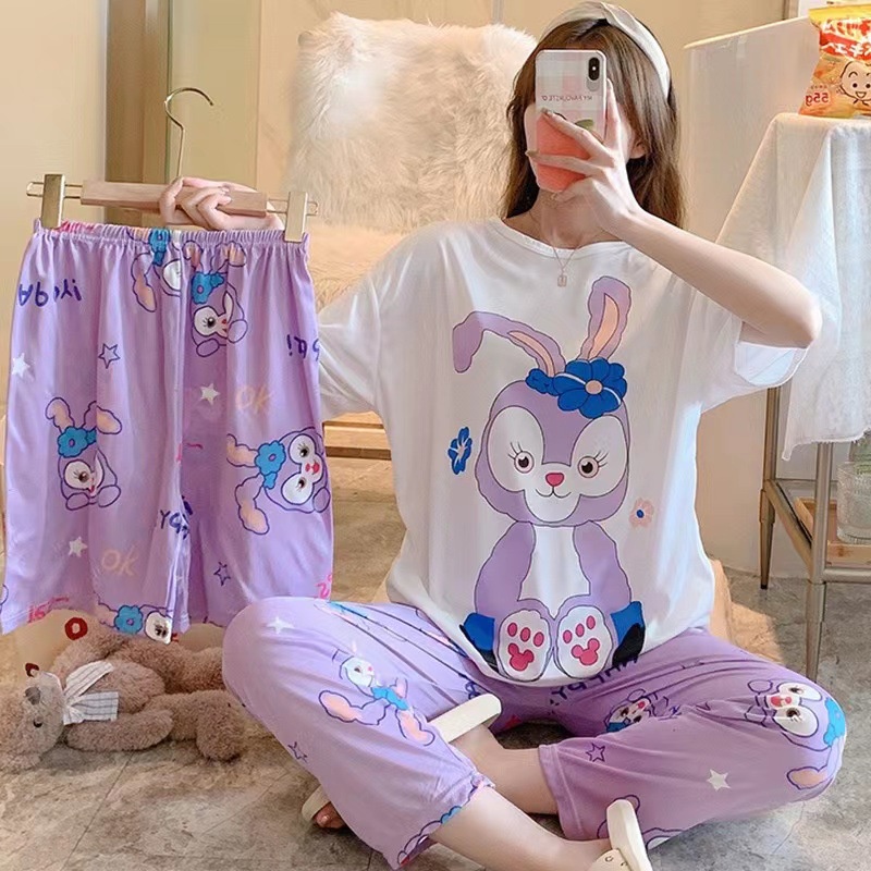 MURHOL Set 3in1 Baju Tidur Wanita Piyama Celana Pendek Celana Panjang Setelan Perempuan Karakter