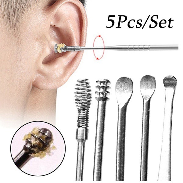 5Pcs / Set Ear Pick / Korek Kuping Spiral Bahan Stainless Steel Untuk Unisex