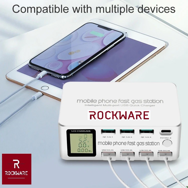 ROCKWARE 818D - 7 USB Port and 1 PD 18W Port Charging Station - 100W - Charger Multiport Up to 8