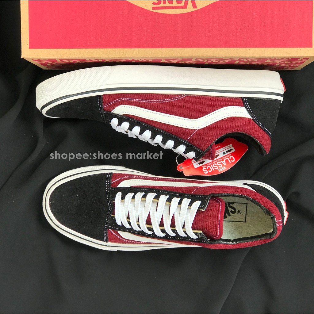 VANS OLDSKOOL BLACK MAROON LIST PUTIH WAFFLE DT