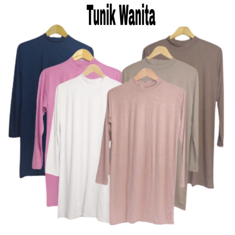 Manset Tunik Kaos Wanita Lengan Panjang Selutut Polos