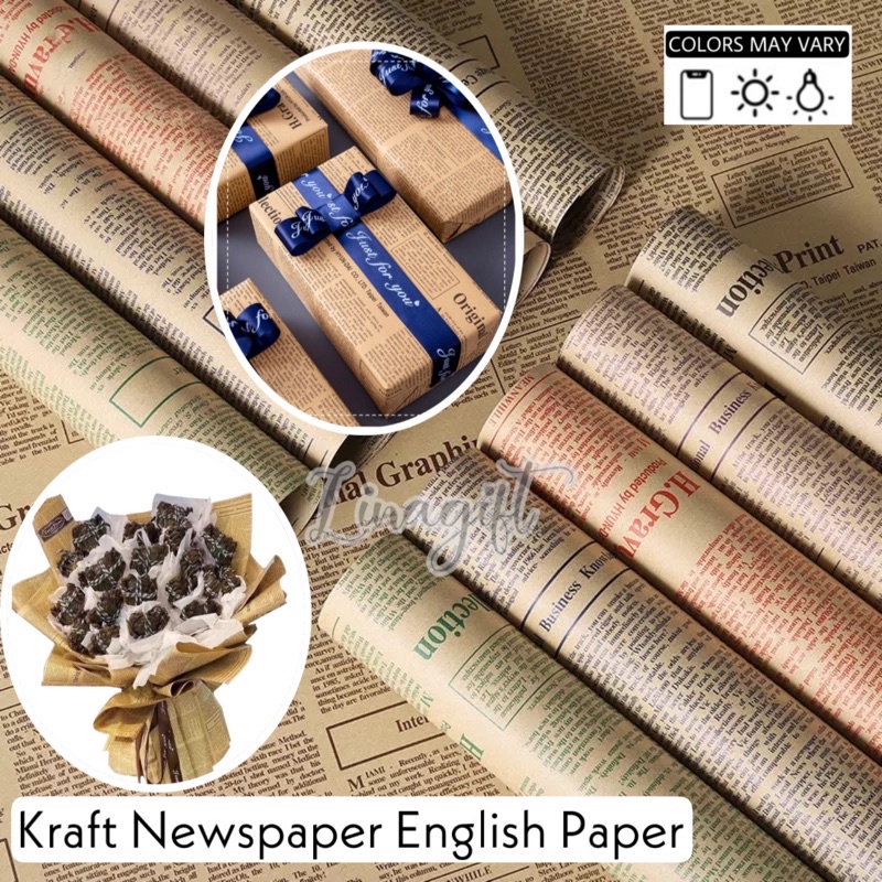 ( 5 Lembar ) KRAFT NEWSPAPER ENGLISH PAPER - KERTAS KADO VINTAGE KORAN MAGAZINE - FLOWER WRAPPING PAPER / KERTAS BUNGA - FLORIST CLASSIC