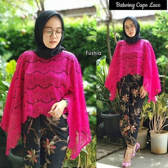 Kebaya Modern Cape Gliter / Batwing Brukat / Kalong Brukat Fushia Dan Pilihan Warna Lain