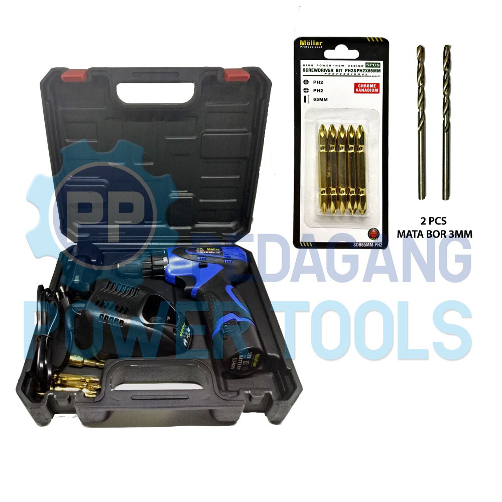 MOLLAR CDD35 BOR CORDLESS 12V & 2 PCS MATA BOR BESI & 5 PCS MATA OBENG