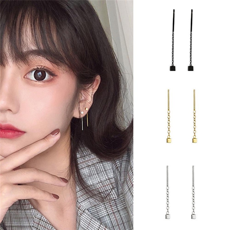 1 Pasang Anting Rumbai Panjang Bentuk Kubus Geometris 3 Warna Bahan Alloy Gaya Korea